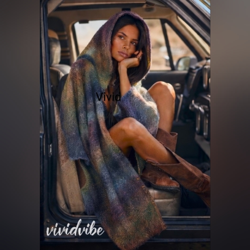 Free people + SAACHI Hooded Ombre Blue Poncho/Kimono Cardigan